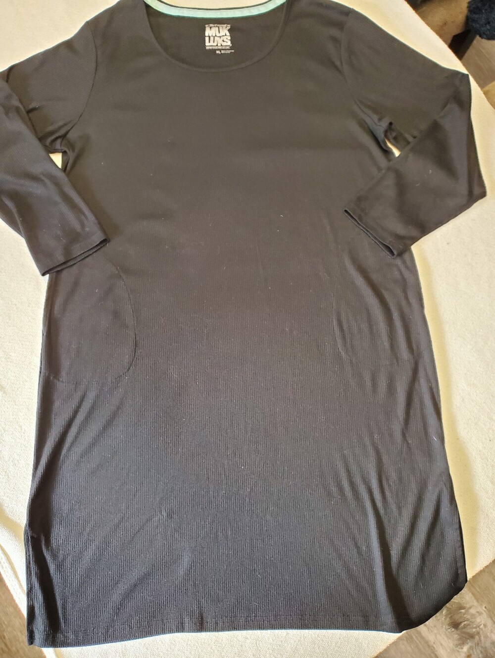 Muk Luks Black Ribbed Knit Tunic Dress Women's XL 3/4 Sleeve Side Slits Lounge